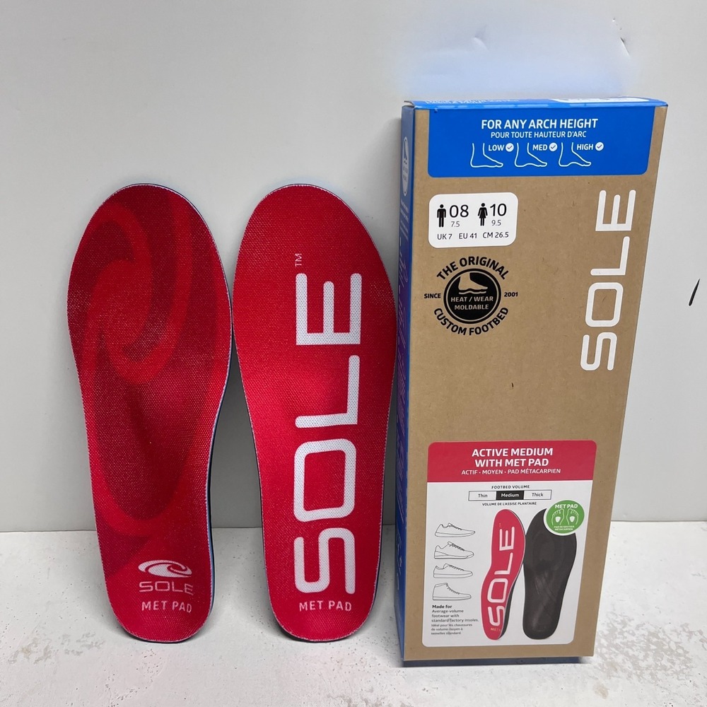 SOLE Active Medium Orthotic Insoles with Met Pad Red Size M 8, W 10 - New
